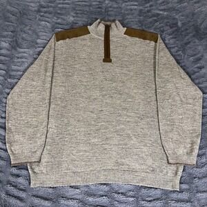 KUNA Mens XL Baby Alpaca Linen Quarter Zip Sweater Gray Suede Shoulder Patches